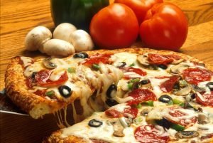 pizza, drink, food