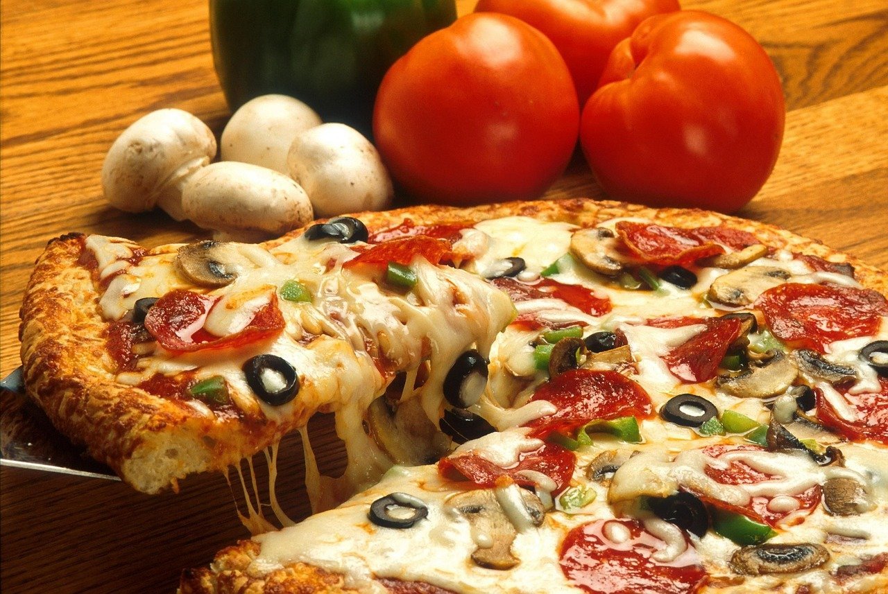 pizza, drink, food