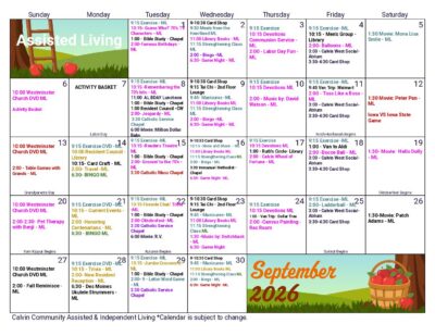 September Assisted Living & Independent Living Calendar