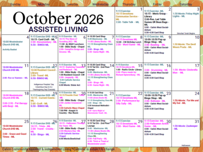 October Assisted Living & Independent Living Calendar