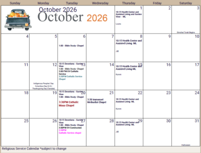 October Religious Services Calendar